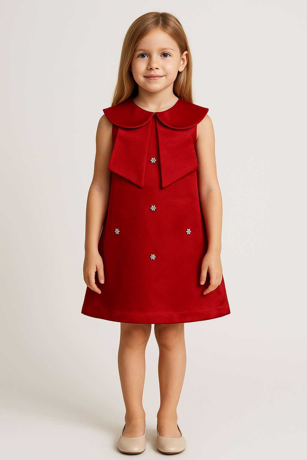 İnci İşlemeli Kız Çocuk Elbisesi – Zarif Yaka Tasarımı ile Özel Günler İçin