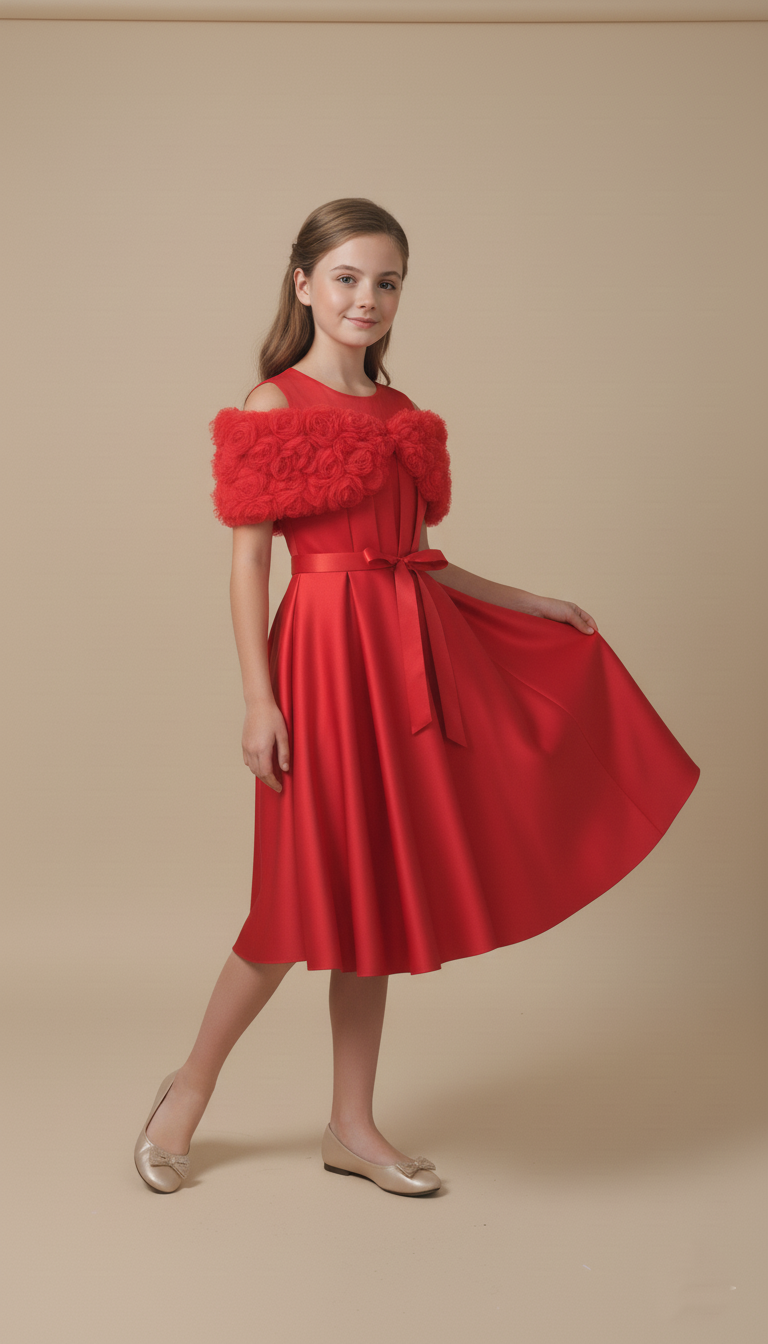 Kız Çocuk Çiçek Detaylı Abiye Elbise – Özel Gün, Düğün ve Davet İçin Şık Tasarım kurdel gul panslı